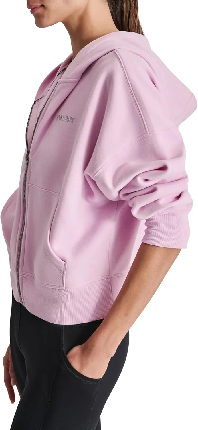 DKNY womens Studded Logo Full Zip Fleece Hoodie