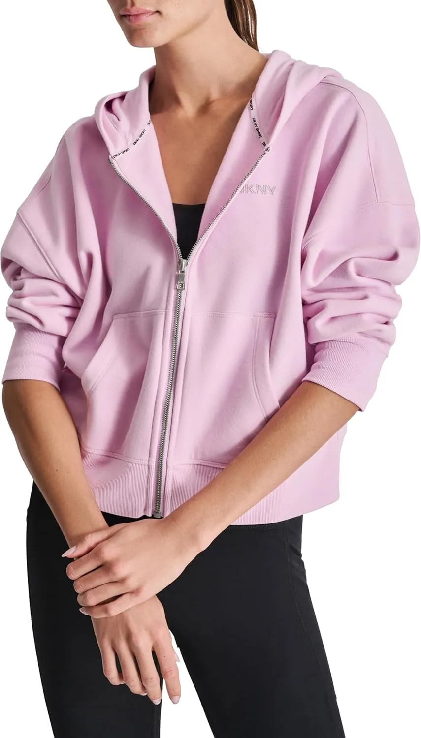 DKNY womens Studded Logo Full Zip Fleece Hoodie