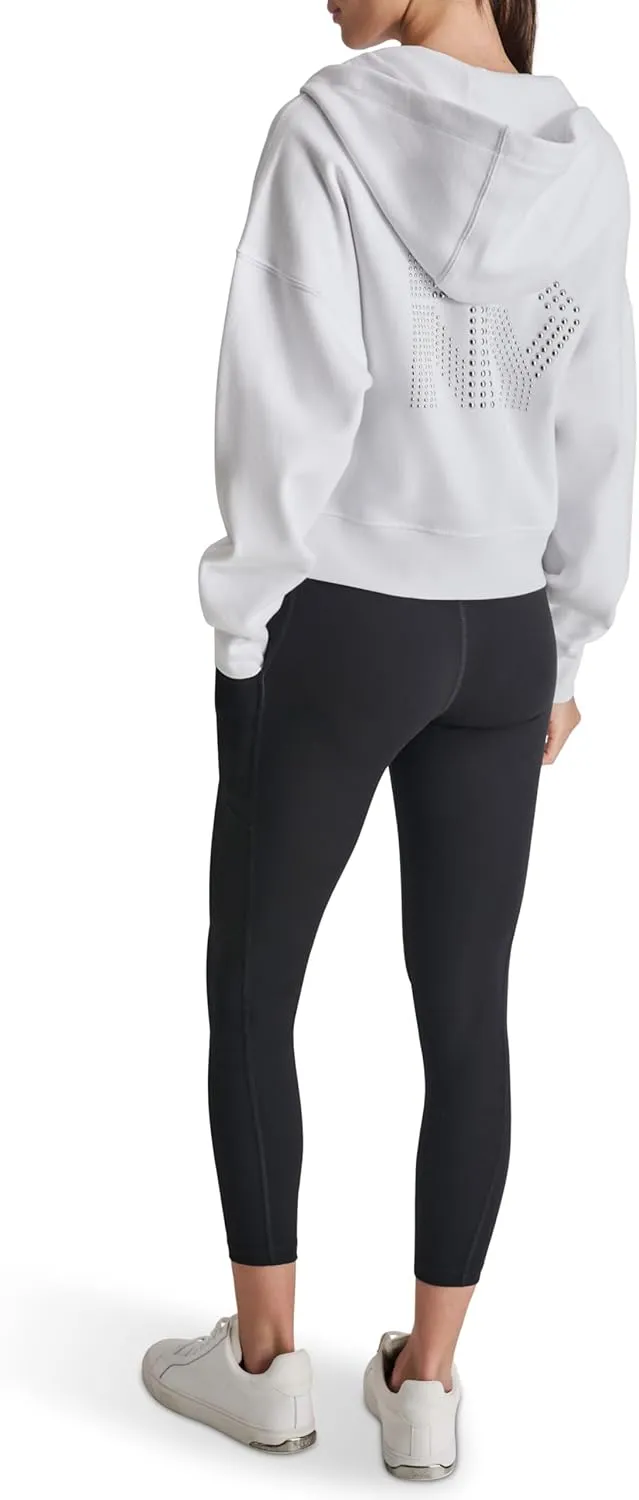 DKNY womens Studded Logo Full Zip Fleece Hoodie