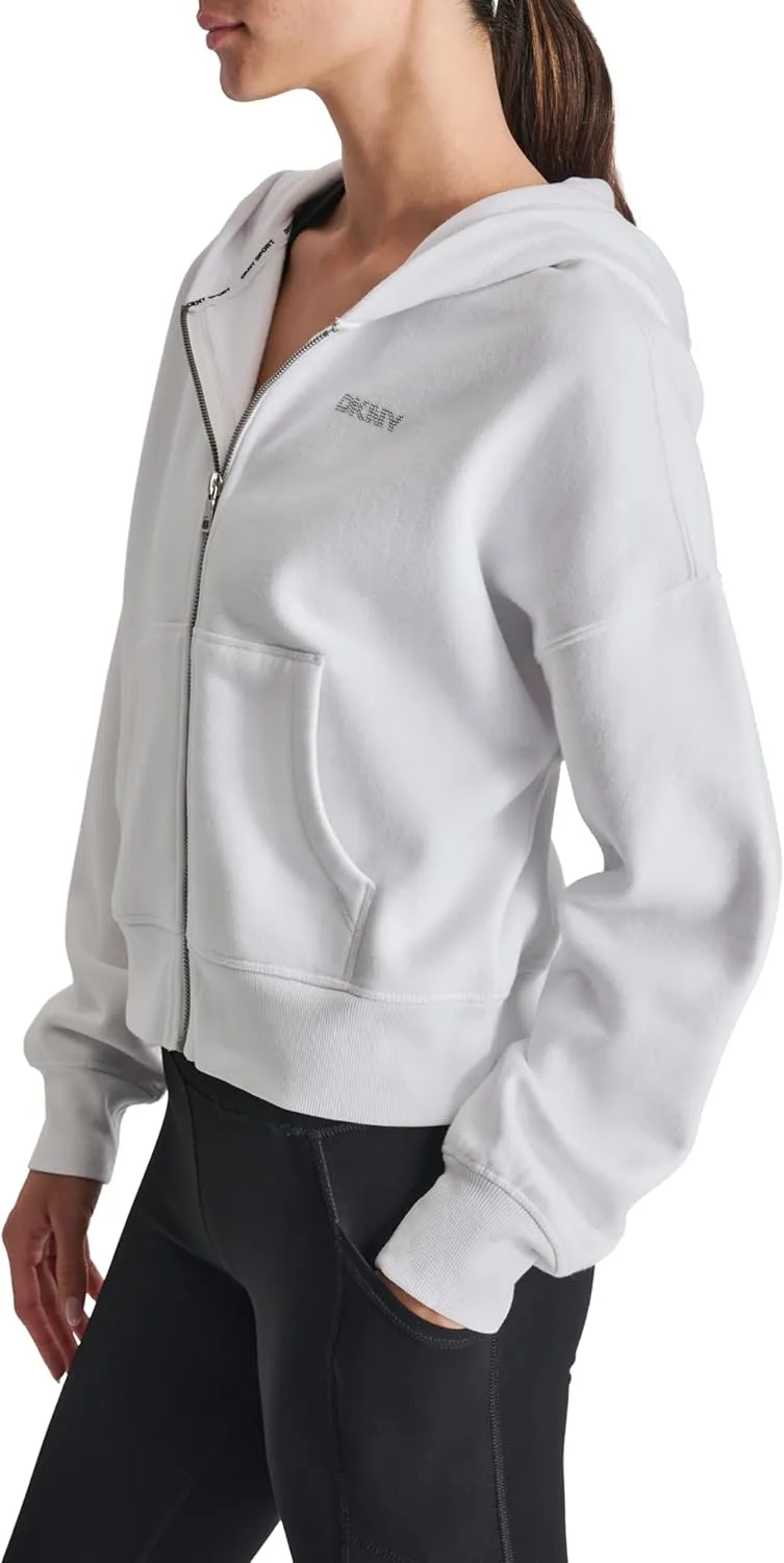 DKNY womens Studded Logo Full Zip Fleece Hoodie