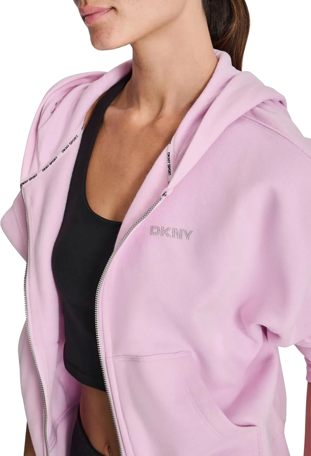 DKNY womens Studded Logo Full Zip Fleece Hoodie