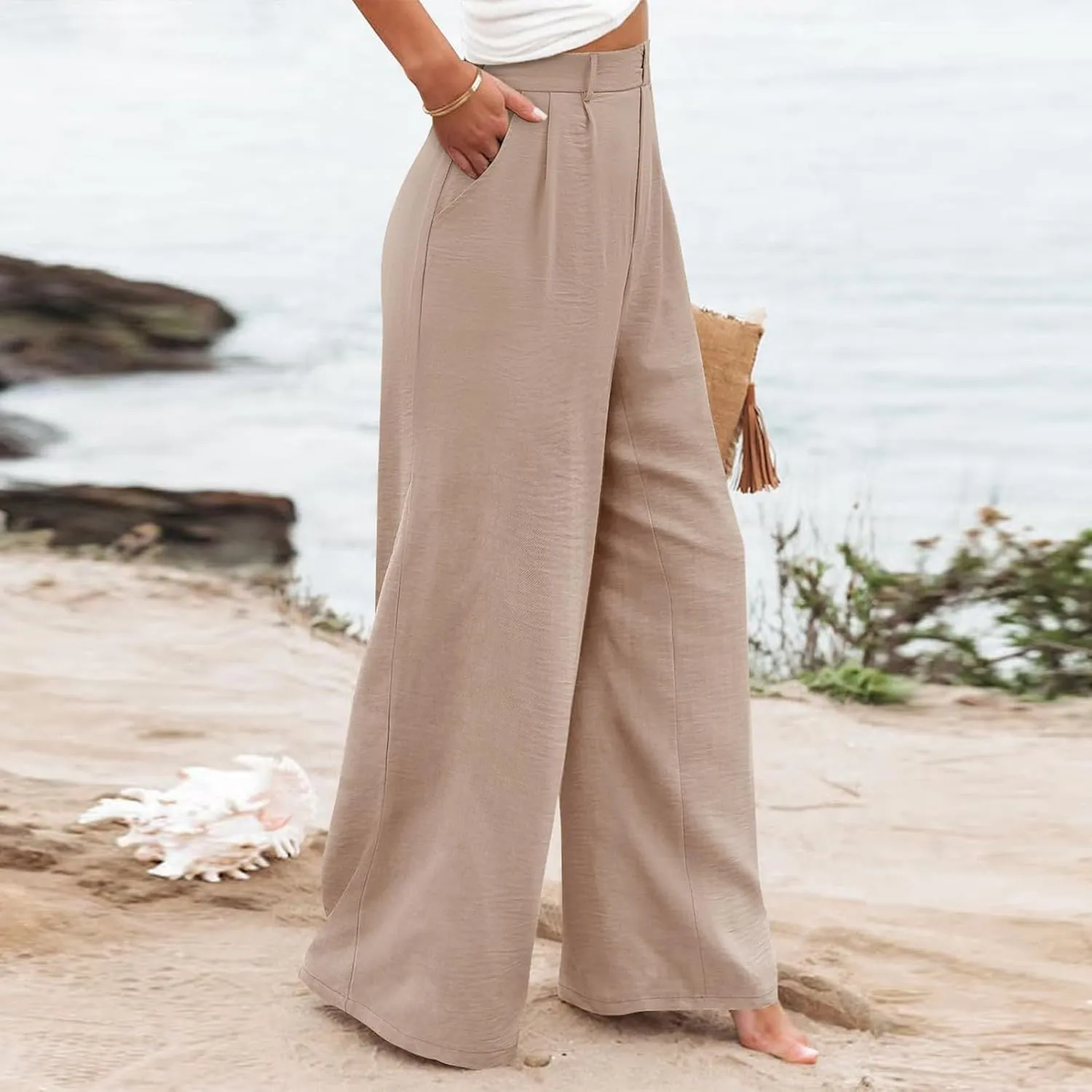 Dress Pants for Women Business Casual High Waisted Loose Fit Palazzo Pants Stretchy Wide Leg Work Pants with Pockets