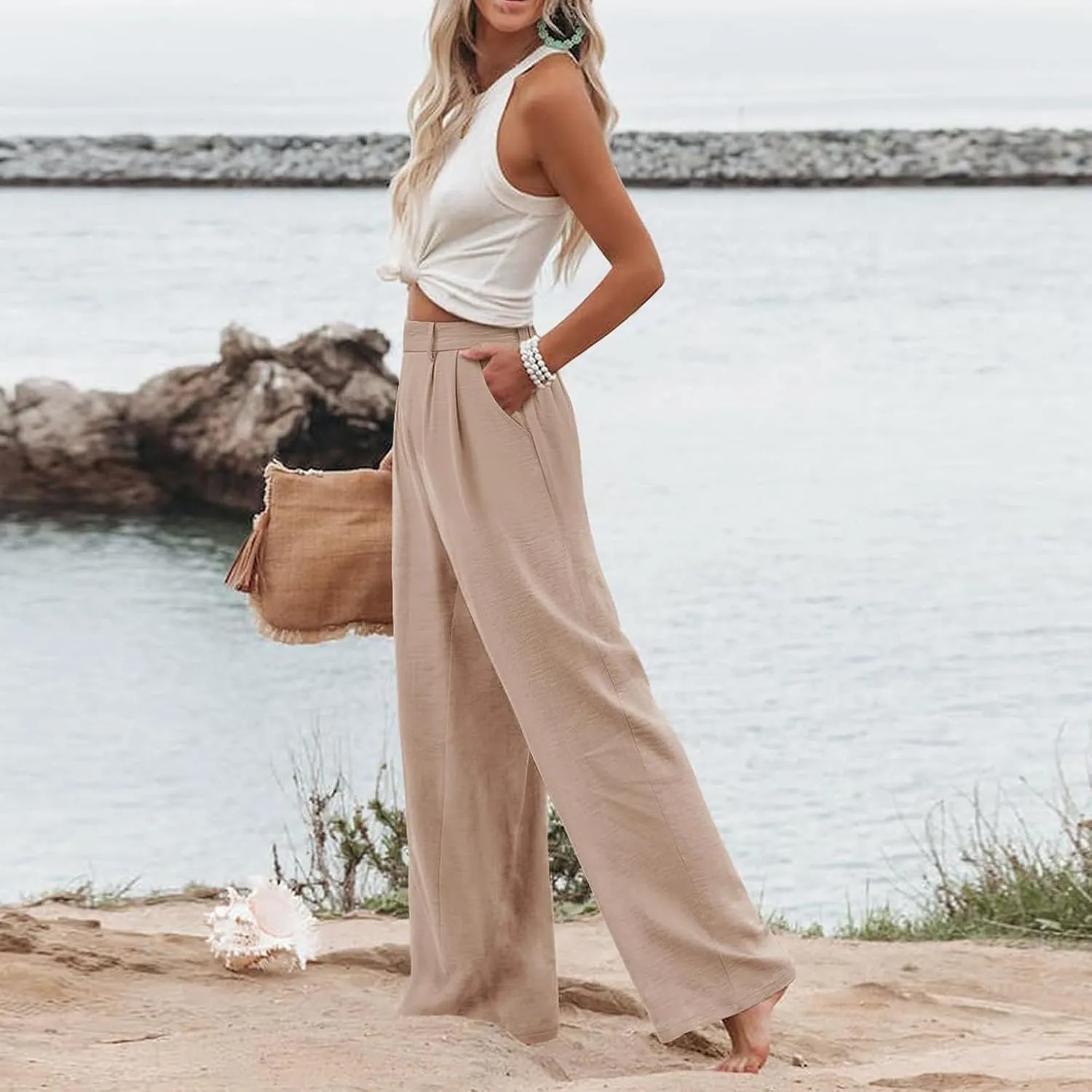 Dress Pants for Women Business Casual High Waisted Loose Fit Palazzo Pants Stretchy Wide Leg Work Pants with Pockets