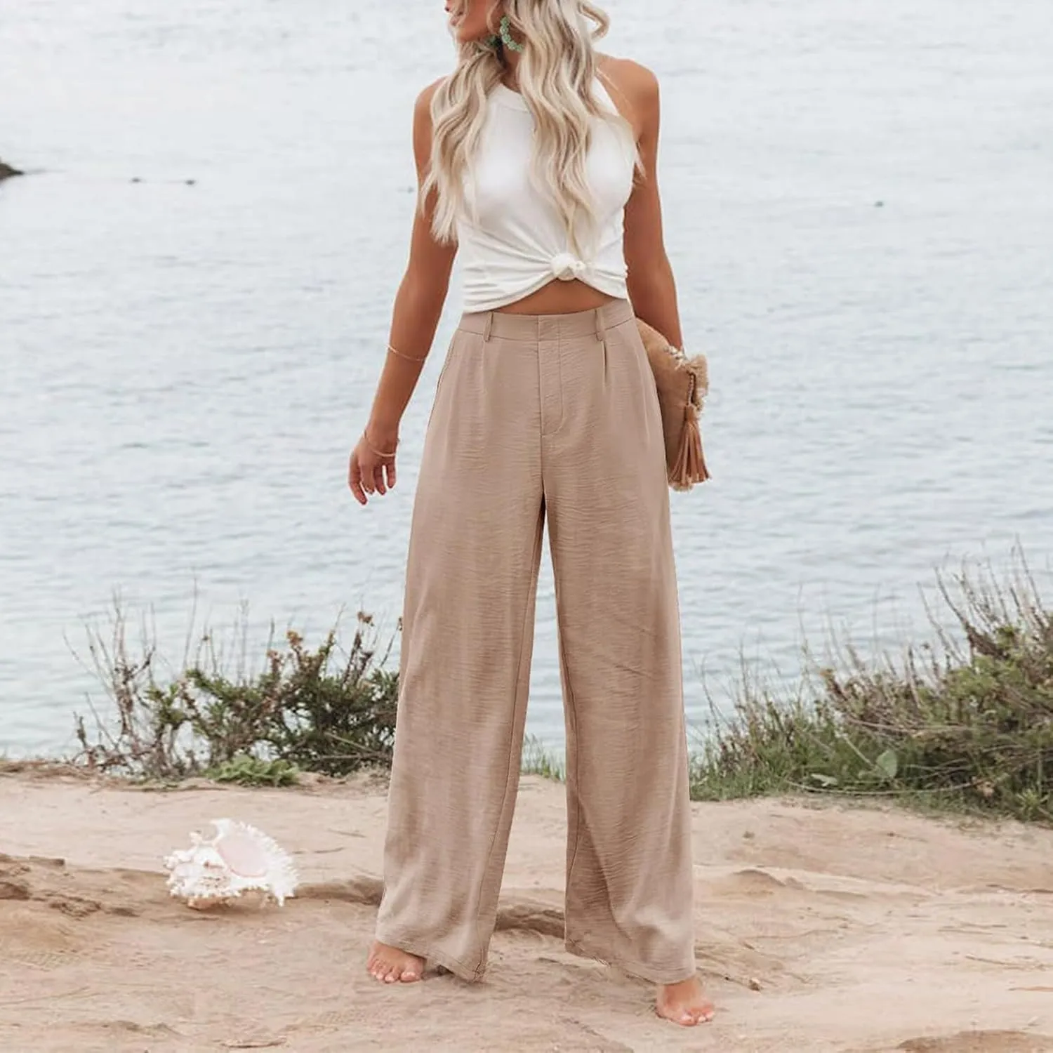 Dress Pants for Women Business Casual High Waisted Loose Fit Palazzo Pants Stretchy Wide Leg Work Pants with Pockets