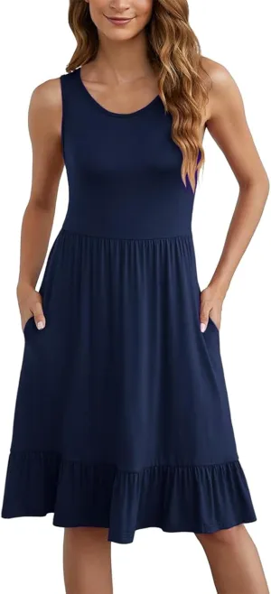 Dresses for Wedding Guest Casual Solid Color Crew Neck Vest Pleated Ruffle Hem Knee-Length Formal Short Dress Shift Dresses for Women 2024 Floral Print Long Dress Summer, Small, 06-blue