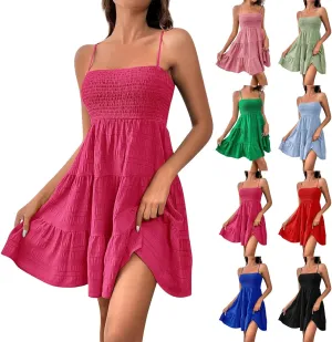 Dresses for Women Short Mini Ruffle Hem Sun Dress Smocked Solid Vacation Cami Dress Boho Wedding Guest Dresses Resort Wear for Women 2025 a Line Sundresses(1-Hot Pink,Small)