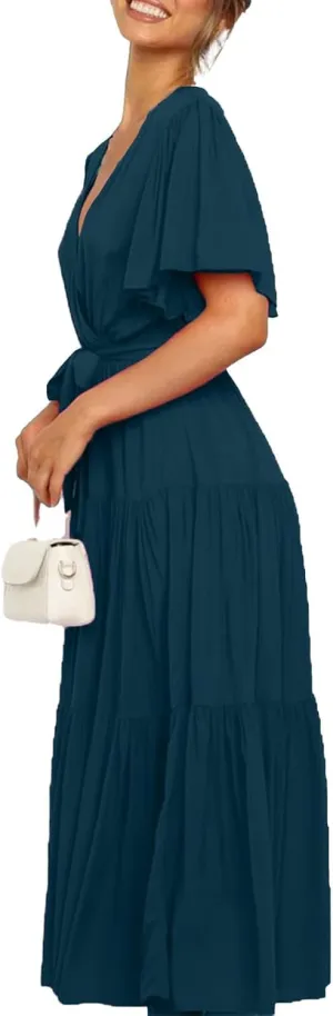 Dresses for Women Spring Wrap Dress Ruffle Short Sleeve V Neck Midi Dress Tiered Fashion Dress Summer with Belt