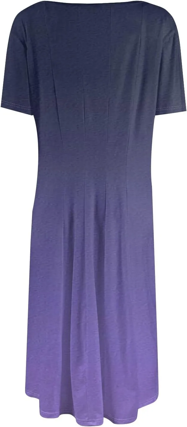 Dresses for Women Summer Short Sleeve Wrap Dress High Waist Floral Dresses Crew Neck Work Midi Dress with Pockets
