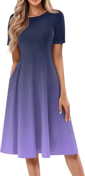 Dresses for Women Summer Short Sleeve Wrap Dress High Waist Floral Dresses Crew Neck Work Midi Dress with Pockets