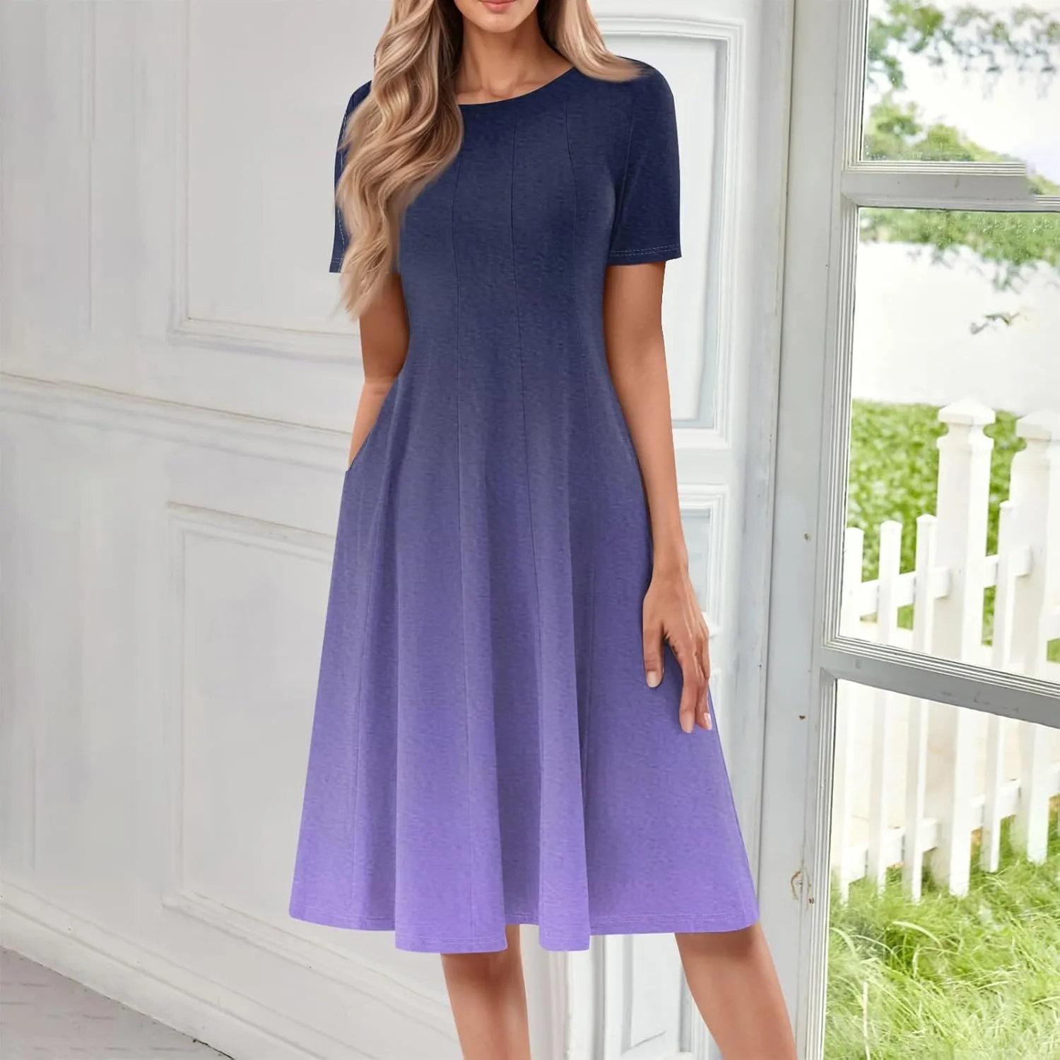 Dresses for Women Summer Short Sleeve Wrap Dress High Waist Floral Dresses Crew Neck Work Midi Dress with Pockets