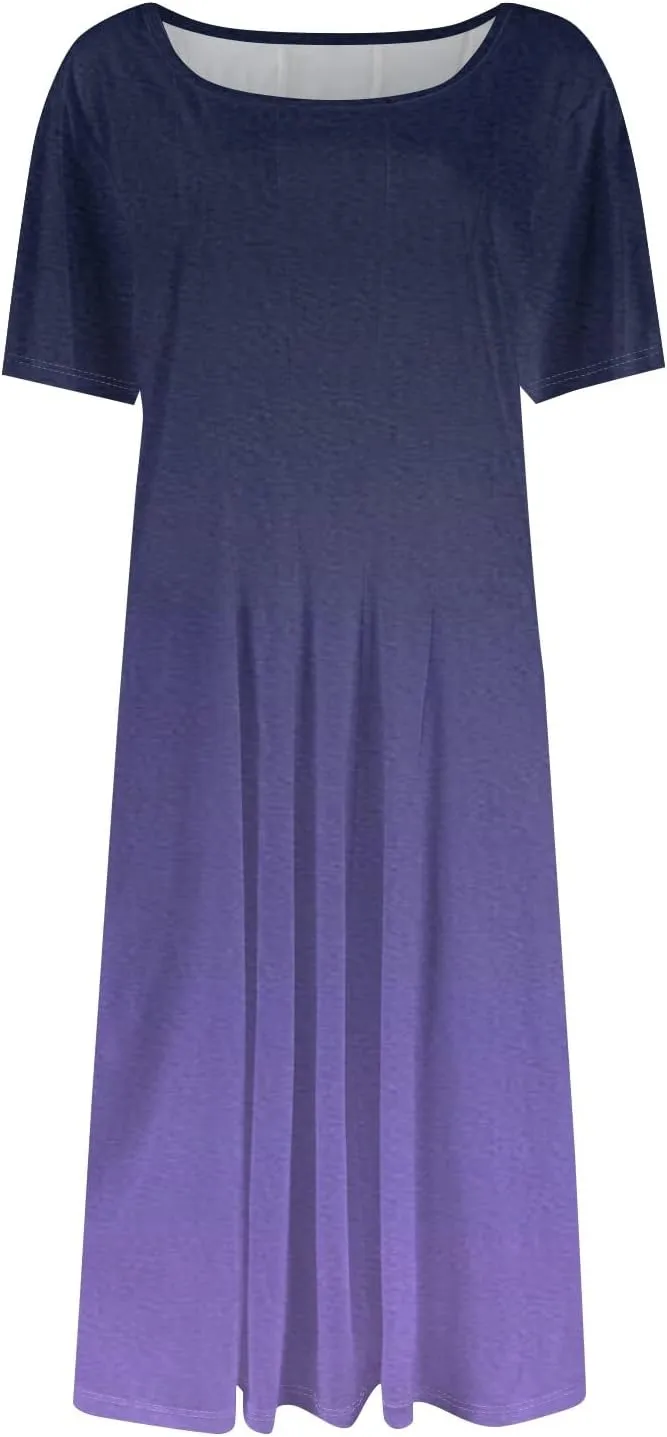 Dresses for Women Summer Short Sleeve Wrap Dress High Waist Floral Dresses Crew Neck Work Midi Dress with Pockets