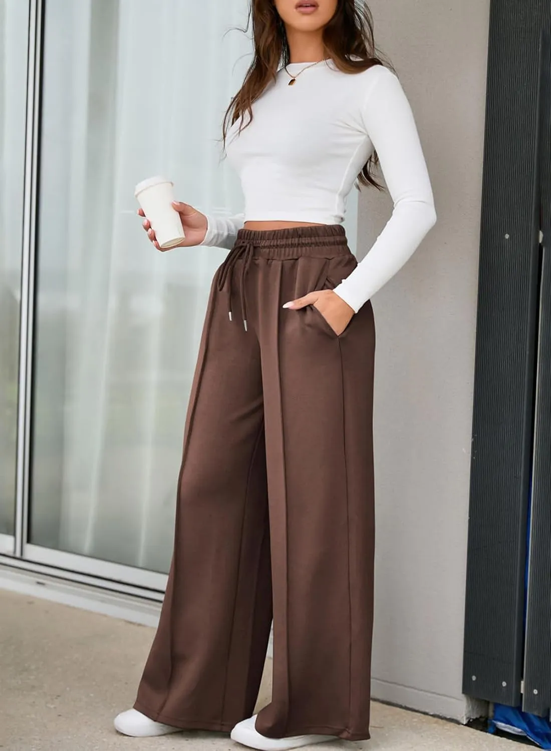 EVALESS Womens High Waisted Baggy Drawstring Sweatpants Casual Wide Leg Pants Long Trouser Slacks with Pockets