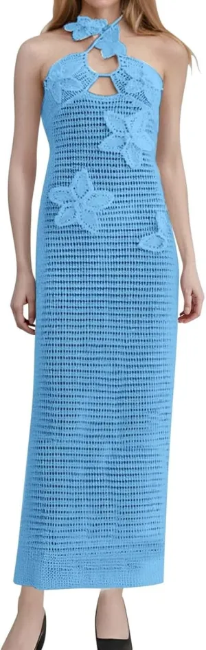 Eyelet Dresses for Teens Floral Preppy Y2k Halter Neck Hollow Out Corset Dress Prom Party Summer Cruise Outfits for Women