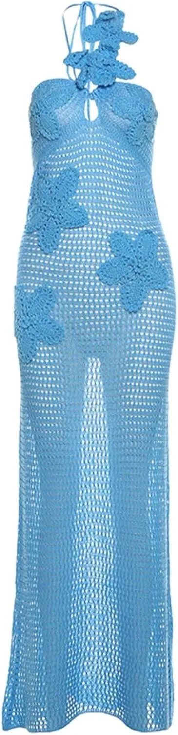 Eyelet Dresses for Teens Floral Preppy Y2k Halter Neck Hollow Out Corset Dress Prom Party Summer Cruise Outfits for Women