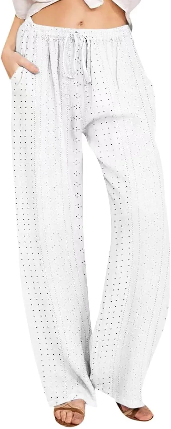Eyelet Embroidered Pants for Women Wide Leg Casual Summer Pant Drawstring Elastic Waist Palazzo Lounge Trousers