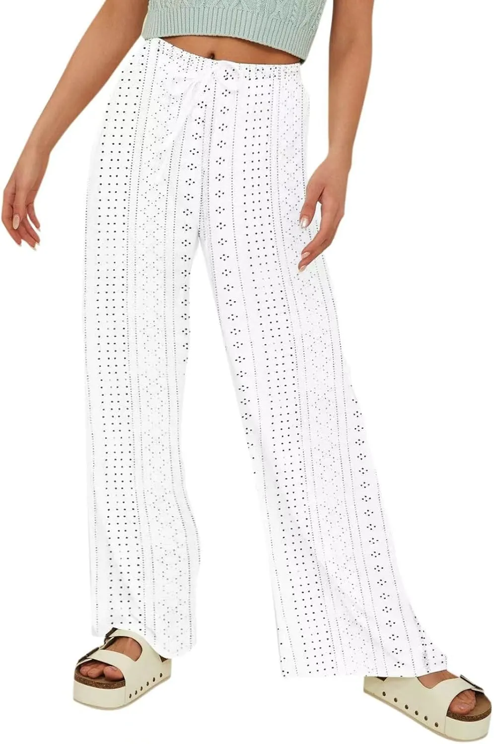Eyelet Embroidered Pants for Women Wide Leg Casual Summer Pant Drawstring Elastic Waist Palazzo Lounge Trousers