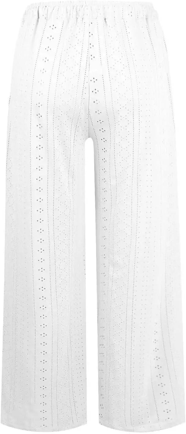 Eyelet Embroidered Pants for Women Wide Leg Casual Summer Pant Drawstring Elastic Waist Palazzo Lounge Trousers