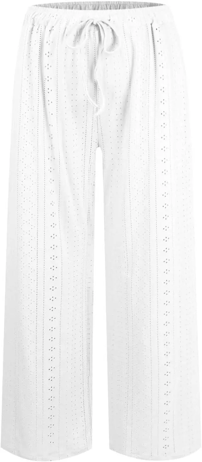 Eyelet Embroidered Pants for Women Wide Leg Casual Summer Pant Drawstring Elastic Waist Palazzo Lounge Trousers