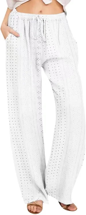 Eyelet Embroidered Pants for Women Wide Leg Casual Summer Pant Drawstring Elastic Waist Palazzo Lounge Trousers