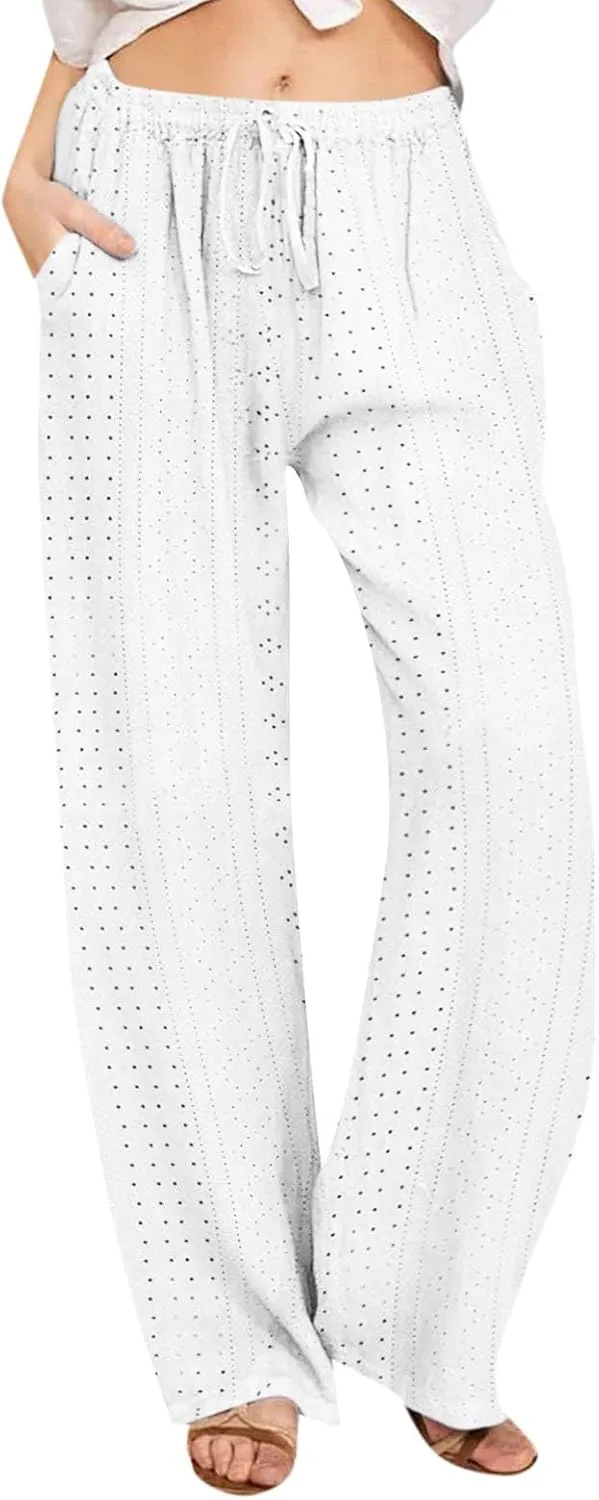 Eyelet Embroidered Pants for Women Wide Leg Casual Summer Pant Drawstring Elastic Waist Palazzo Lounge Trousers