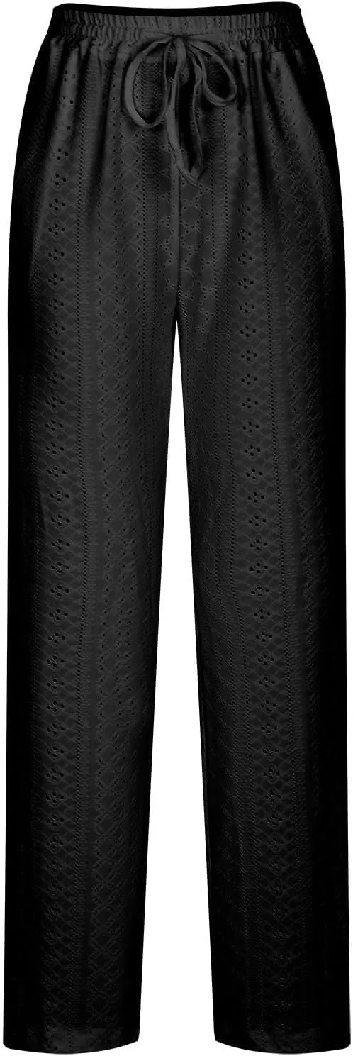Eyelet Pants for Women Summer Capris Lightweight Casual Loose Solid Color Loose Fit Pants Fashion Yoga Pants for 2024