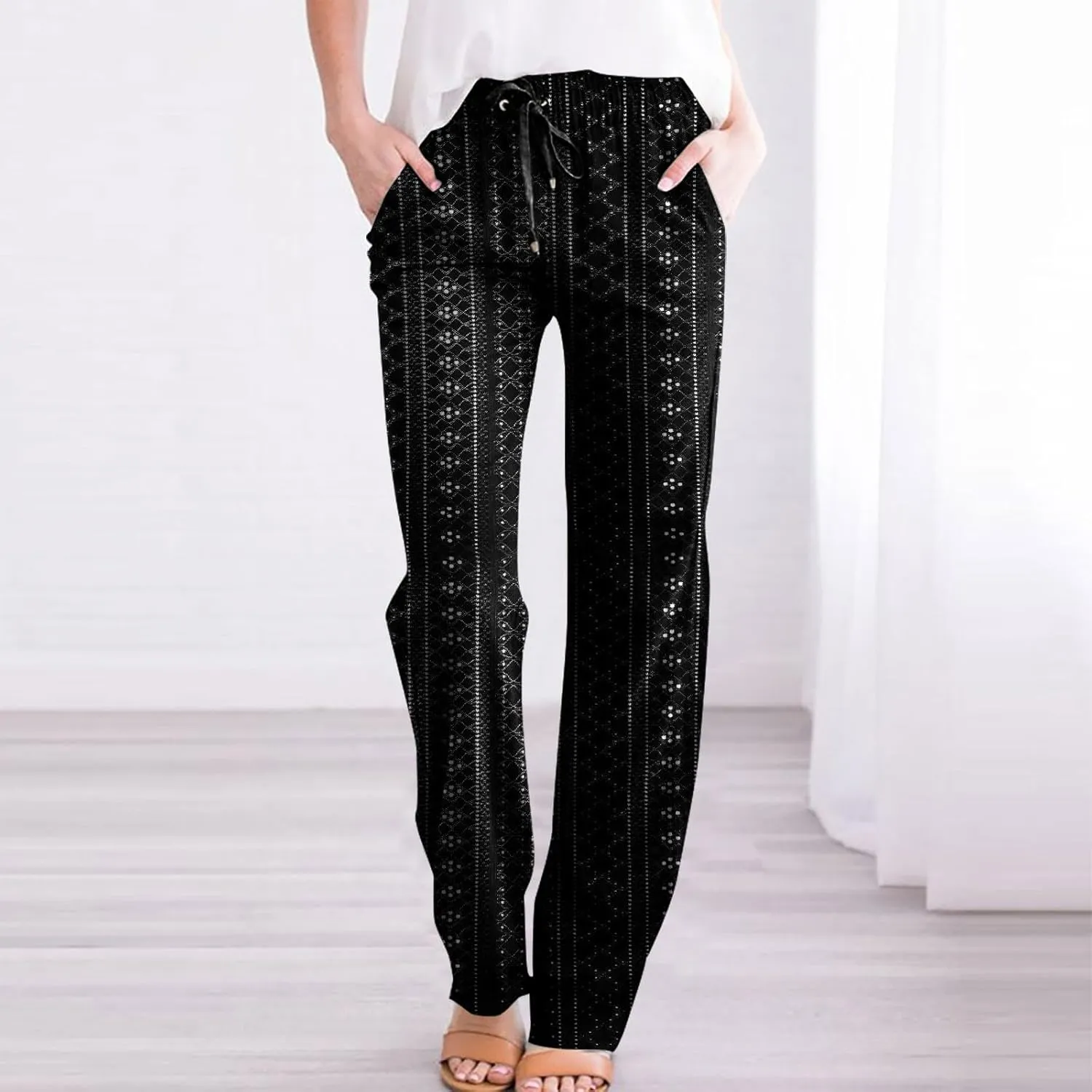 Eyelet Pants for Women Summer Capris Lightweight Casual Loose Solid Color Loose Fit Pants Fashion Yoga Pants for 2024