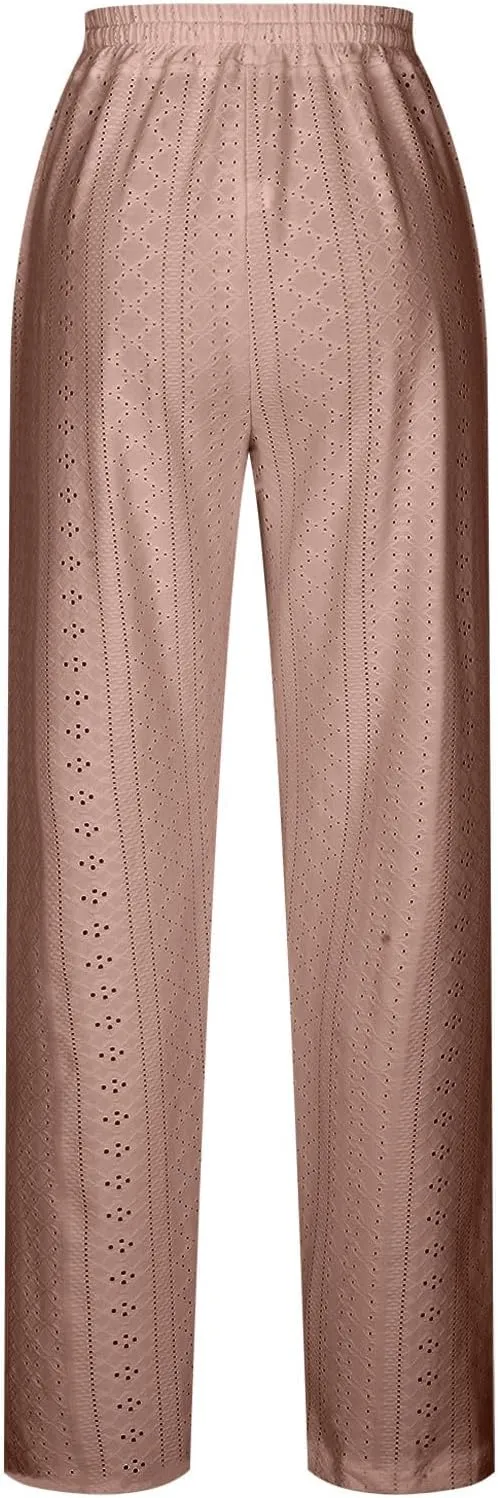 Eyelet Pants for Women Summer Capris Lightweight Casual Loose Solid Color Loose Fit Pants Fashion Yoga Pants for 2024