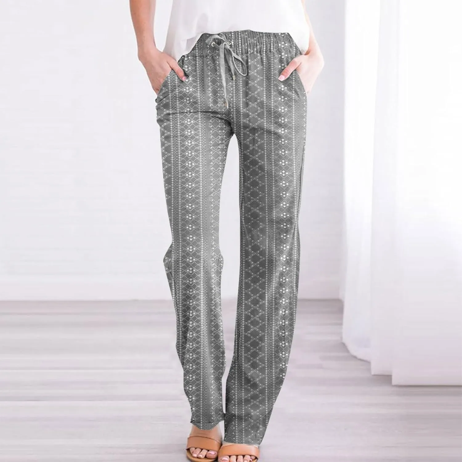 Eyelet Pants for Women Summer Capris Lightweight Casual Loose Solid Color Loose Fit Pants Fashion Yoga Pants for 2024