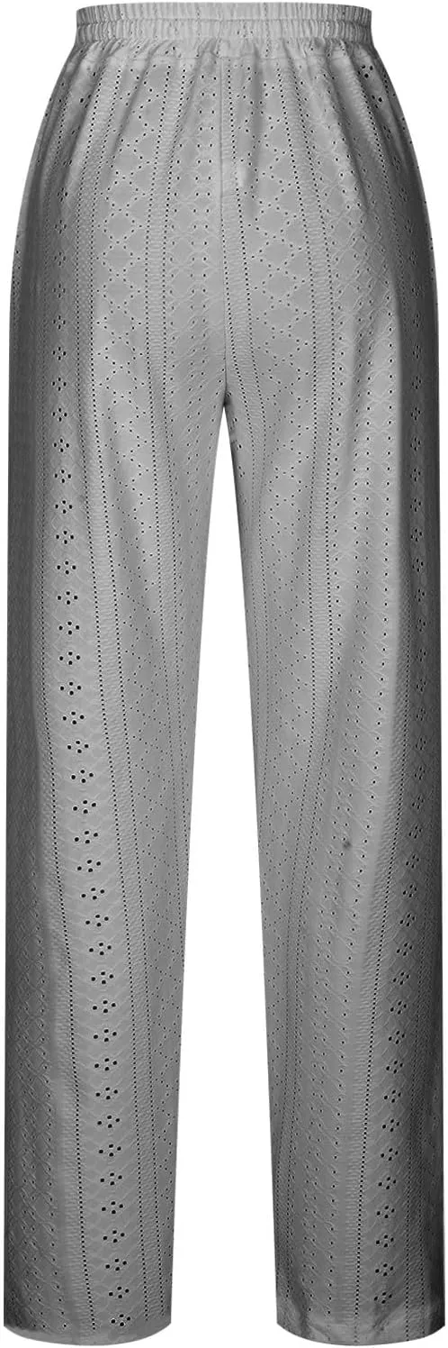 Eyelet Pants for Women Summer Capris Lightweight Casual Loose Solid Color Loose Fit Pants Fashion Yoga Pants for 2024
