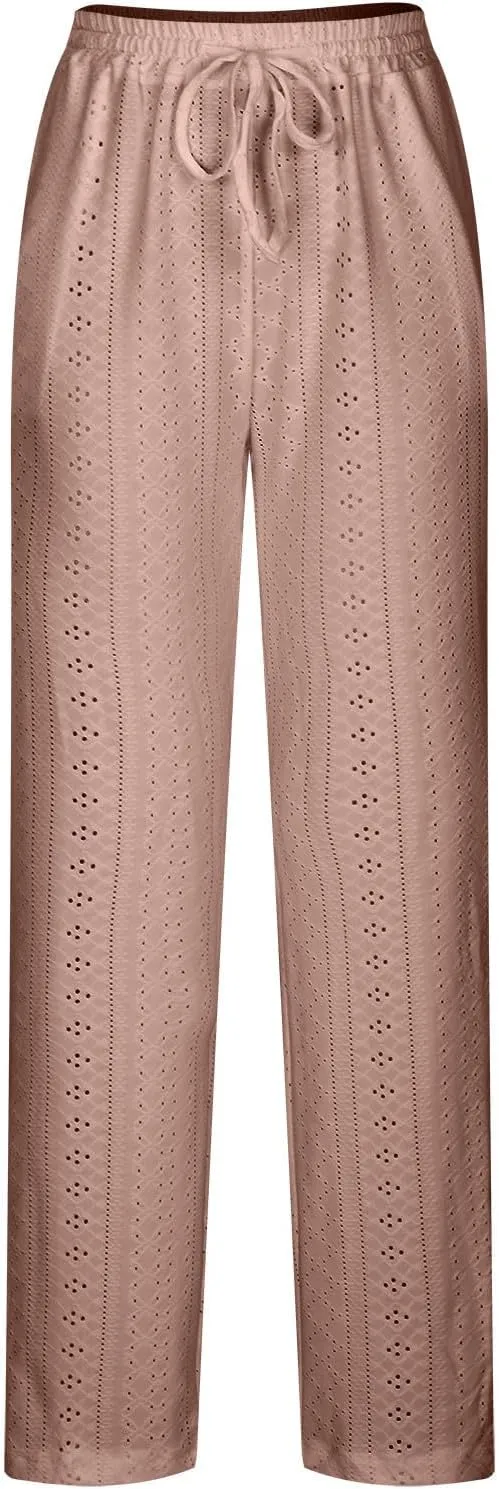 Eyelet Pants for Women Summer Capris Lightweight Casual Loose Solid Color Loose Fit Pants Fashion Yoga Pants for 2024