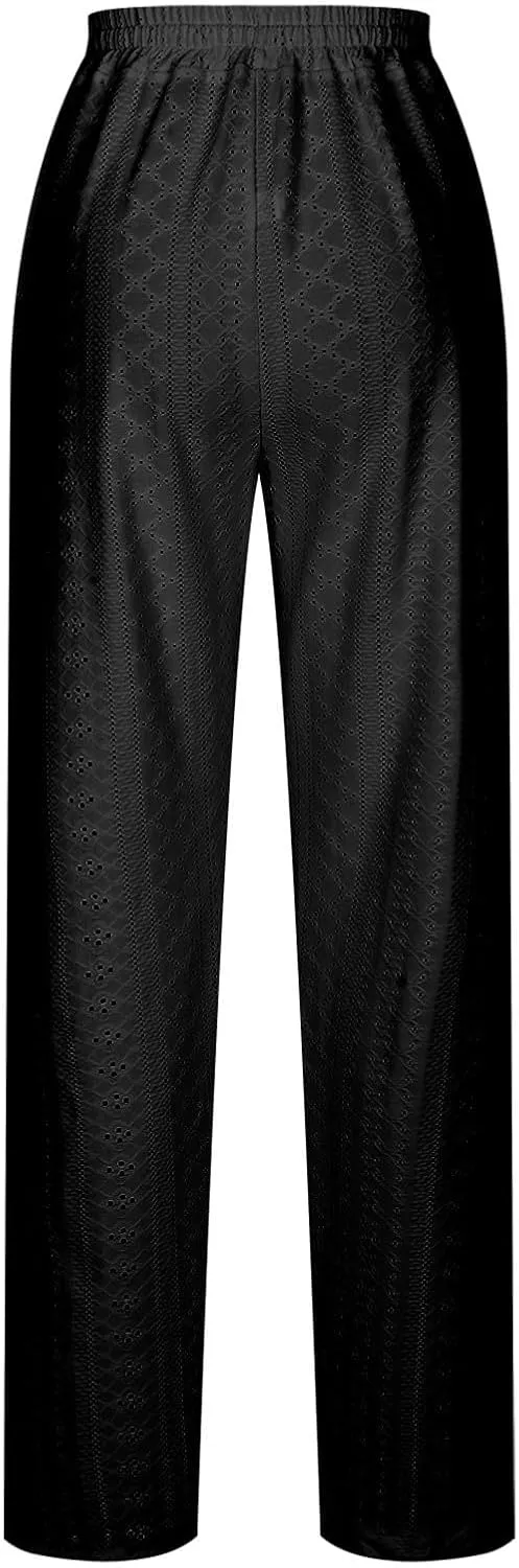 Eyelet Pants for Women Summer Capris Lightweight Casual Loose Solid Color Loose Fit Pants Fashion Yoga Pants for 2024