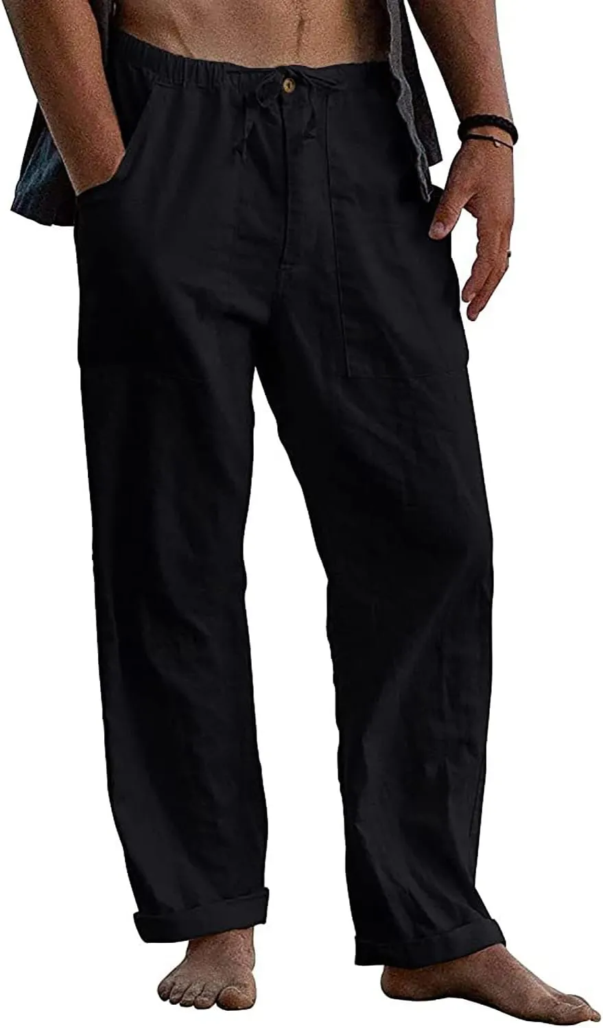 FANARCHER Men’s Cotton Linen Pants Drawstring Loose Beach Pants with Pockets