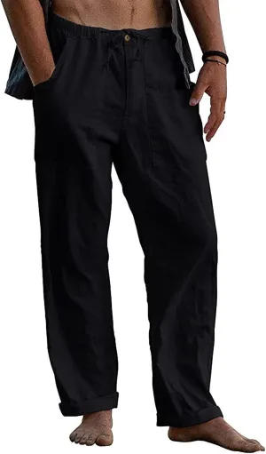 FANARCHER Men’s Cotton Linen Pants Drawstring Loose Beach Pants with Pockets