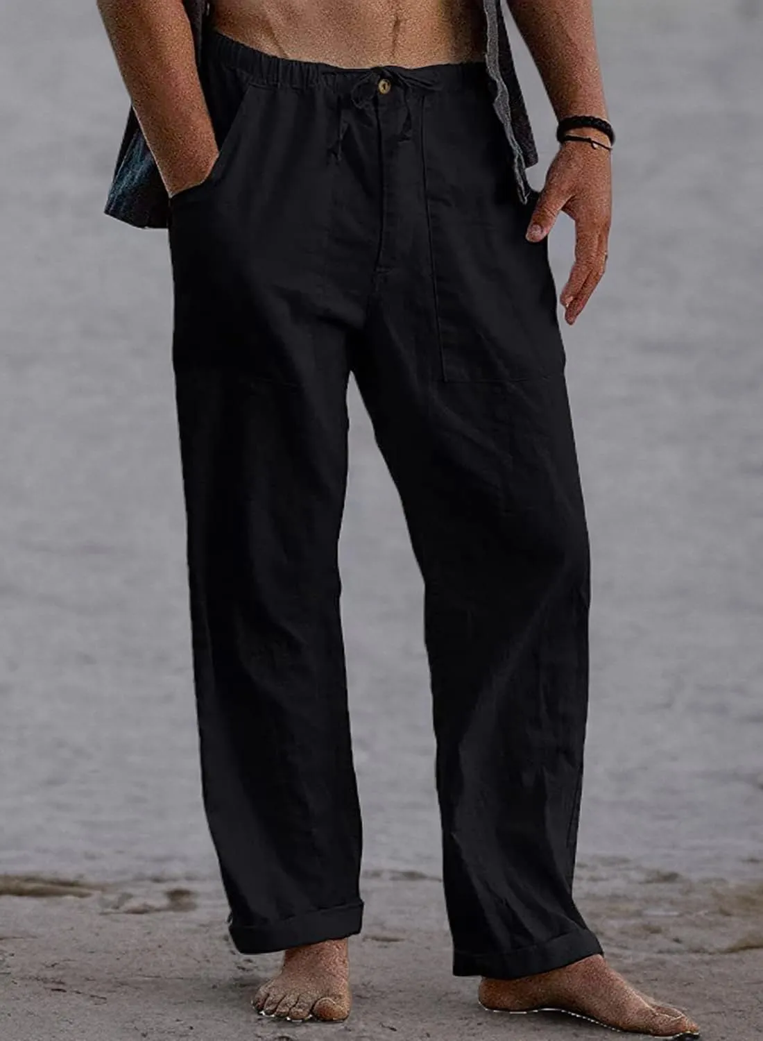 FANARCHER Men’s Cotton Linen Pants Drawstring Loose Beach Pants with Pockets