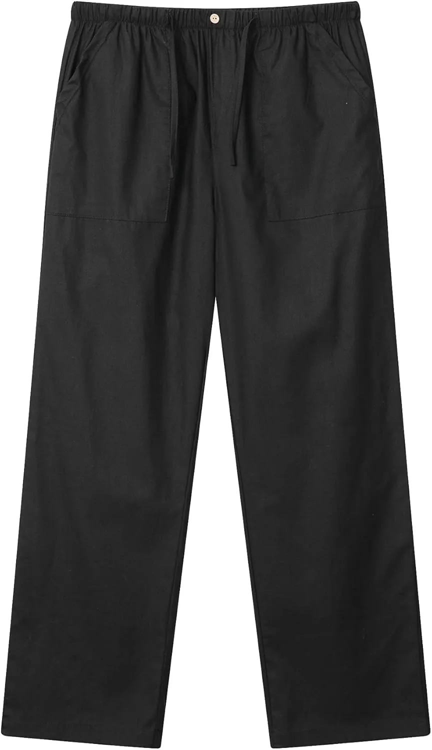 FANARCHER Men’s Cotton Linen Pants Drawstring Loose Beach Pants with Pockets