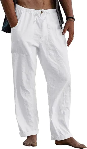 FANARCHER Men’s Cotton Linen Pants Drawstring Loose Beach Pants with Pockets