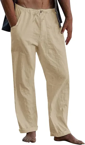 FANARCHER Men’s Cotton Linen Pants Drawstring Loose Beach Pants with Pockets