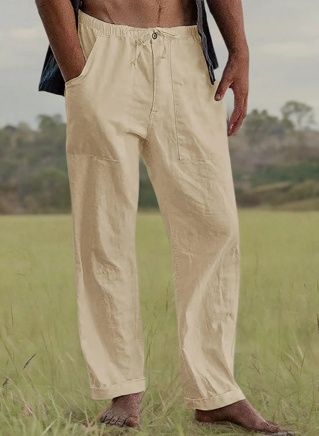 FANARCHER Men’s Cotton Linen Pants Drawstring Loose Beach Pants with Pockets