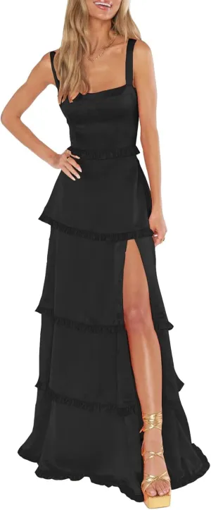 FANGHEIA Spaghetti Straps Silk Satin Prom Dresses 2025 Long Ruffles Tiered Formal Evening Dresses with Slit