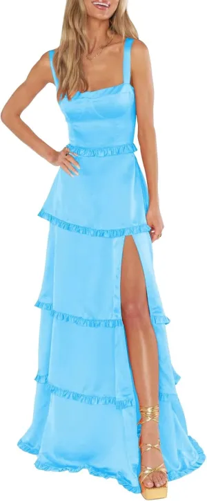 FANGHEIA Spaghetti Straps Silk Satin Prom Dresses 2025 Long Ruffles Tiered Formal Evening Dresses with Slit