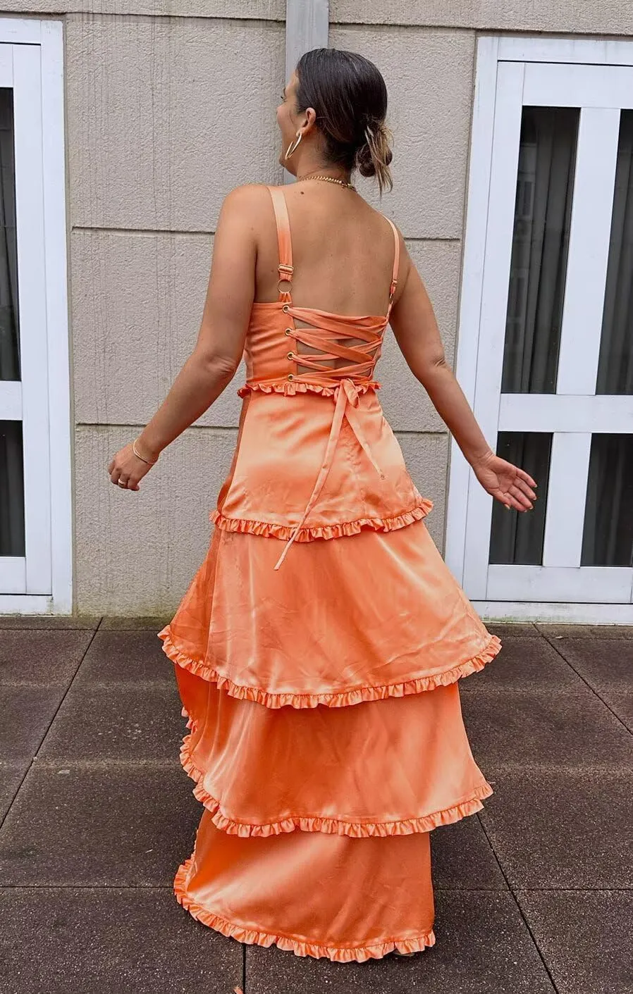 FANGHEIA Spaghetti Straps Silk Satin Prom Dresses 2025 Long Ruffles Tiered Formal Evening Dresses with Slit