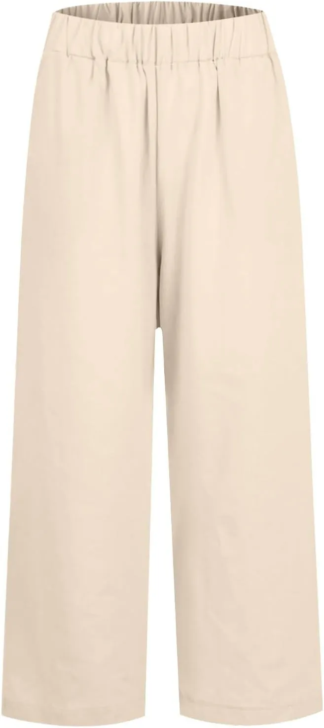 fanmpghleoo Cotton Linen Pants Women Summer Elastic Waist Casual Cropped Pants Plus Size Straight Leg Trousers with Pockets
