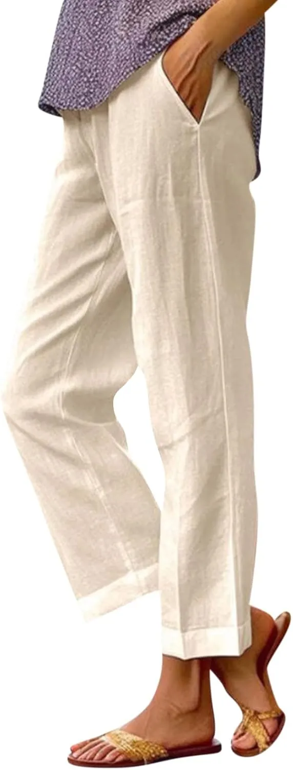 fanmpghleoo Cotton Linen Pants Women Summer Elastic Waist Casual Cropped Pants Plus Size Straight Leg Trousers with Pockets