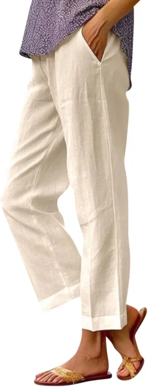fanmpghleoo Cotton Linen Pants Women Summer Elastic Waist Casual Cropped Pants Plus Size Straight Leg Trousers with Pockets