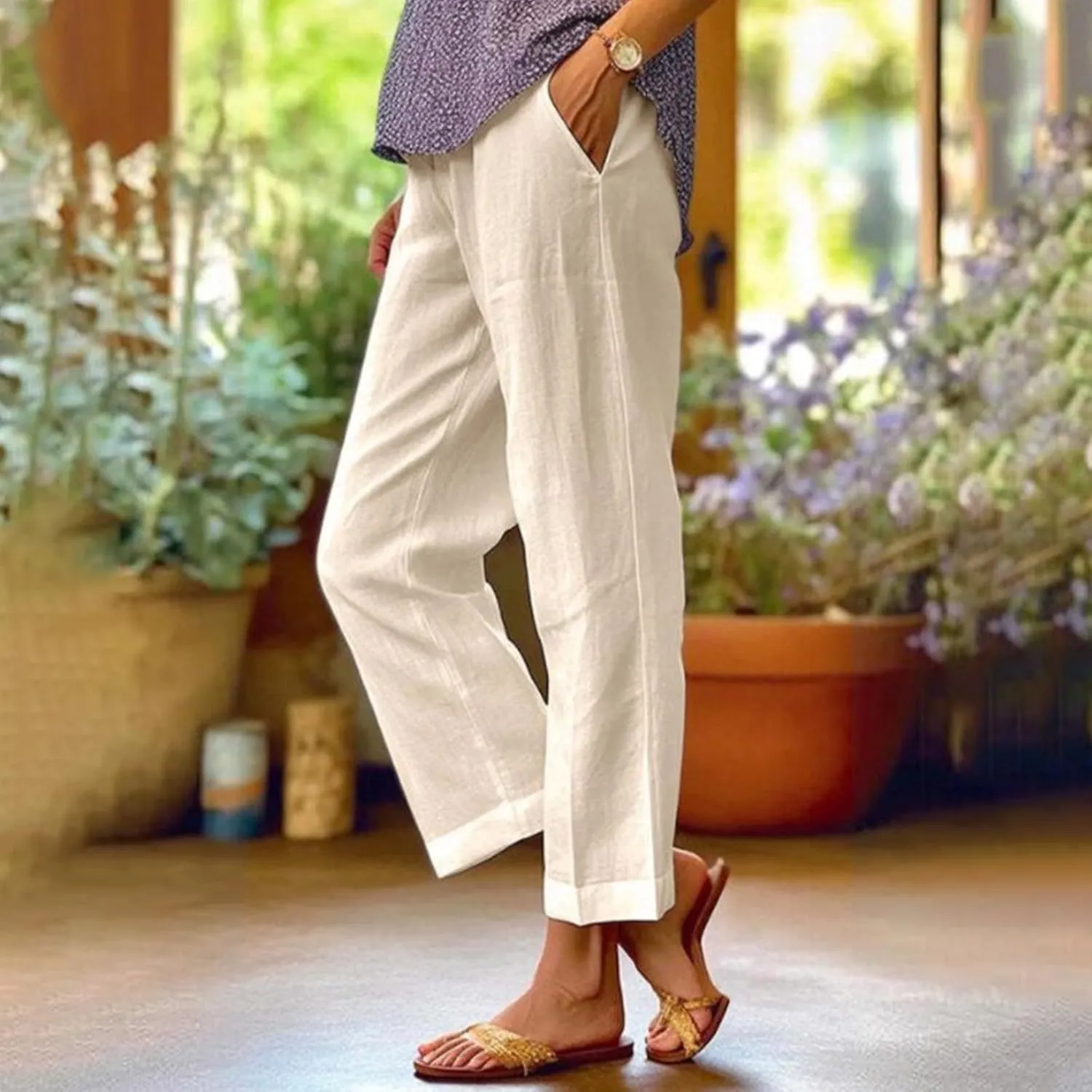 fanmpghleoo Cotton Linen Pants Women Summer Elastic Waist Casual Cropped Pants Plus Size Straight Leg Trousers with Pockets