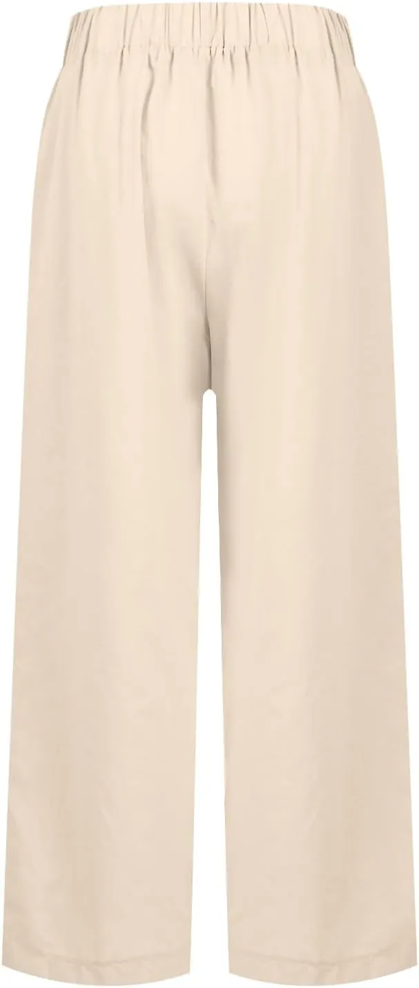 fanmpghleoo Cotton Linen Pants Women Summer Elastic Waist Casual Cropped Pants Plus Size Straight Leg Trousers with Pockets