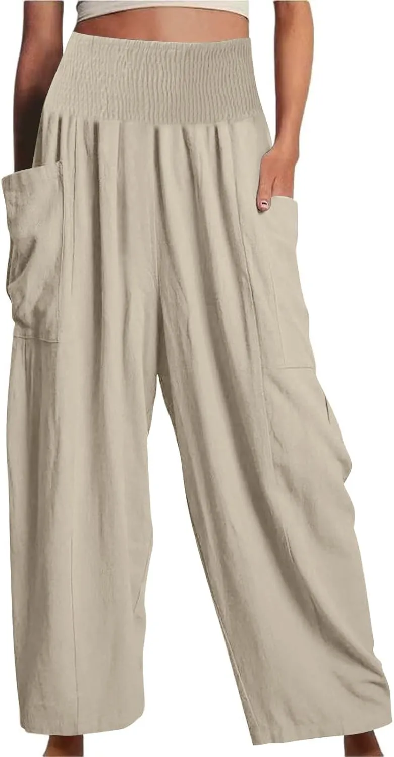 fanmpghleoo Linen Pants Women Summer Smocked Elastic High Waisted Linen Joggers with Pockets Wide Leg Yoga Boho Harem Pants