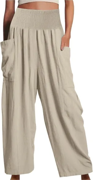 fanmpghleoo Linen Pants Women Summer Smocked Elastic High Waisted Linen Joggers with Pockets Wide Leg Yoga Boho Harem Pants