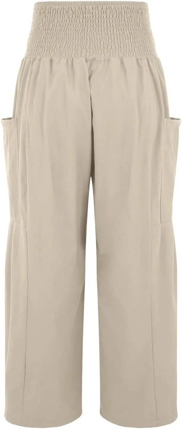 fanmpghleoo Linen Pants Women Summer Smocked Elastic High Waisted Linen Joggers with Pockets Wide Leg Yoga Boho Harem Pants