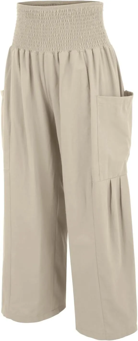 fanmpghleoo Linen Pants Women Summer Smocked Elastic High Waisted Linen Joggers with Pockets Wide Leg Yoga Boho Harem Pants